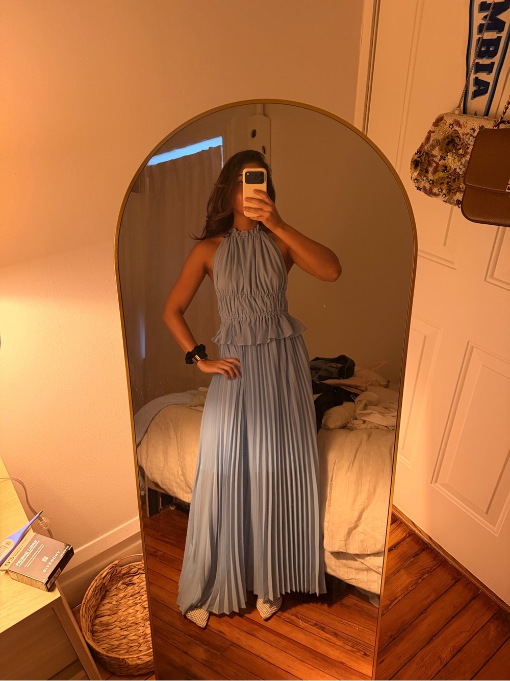 Elegant Light Blue Halter Pleated Maxi Dress